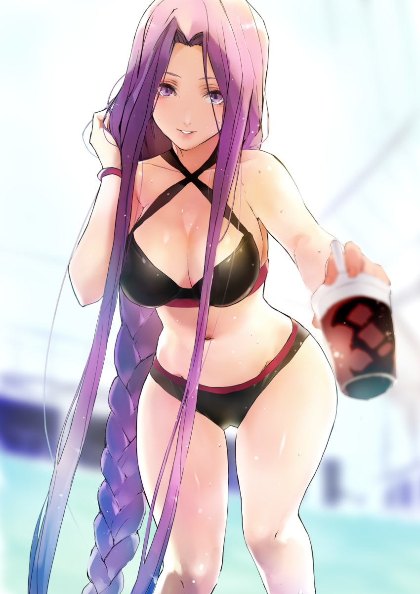 bangs bare_shoulders bikini black_bikini blurry blurry_background bracelet braid breasts cleavage collarbone commentary_request criss-cross_halter cup fate/stay_night fate_(series) halterneck hand_in_hair highres hips holding holding_cup jewelry large_breasts long_braid long_hair looking_at_viewer navel outstretched_arm parted_bangs purple_eyes purple_hair rider single_braid smile solo swimsuit taishi_(picchiridou) thighs very_long_hair wet