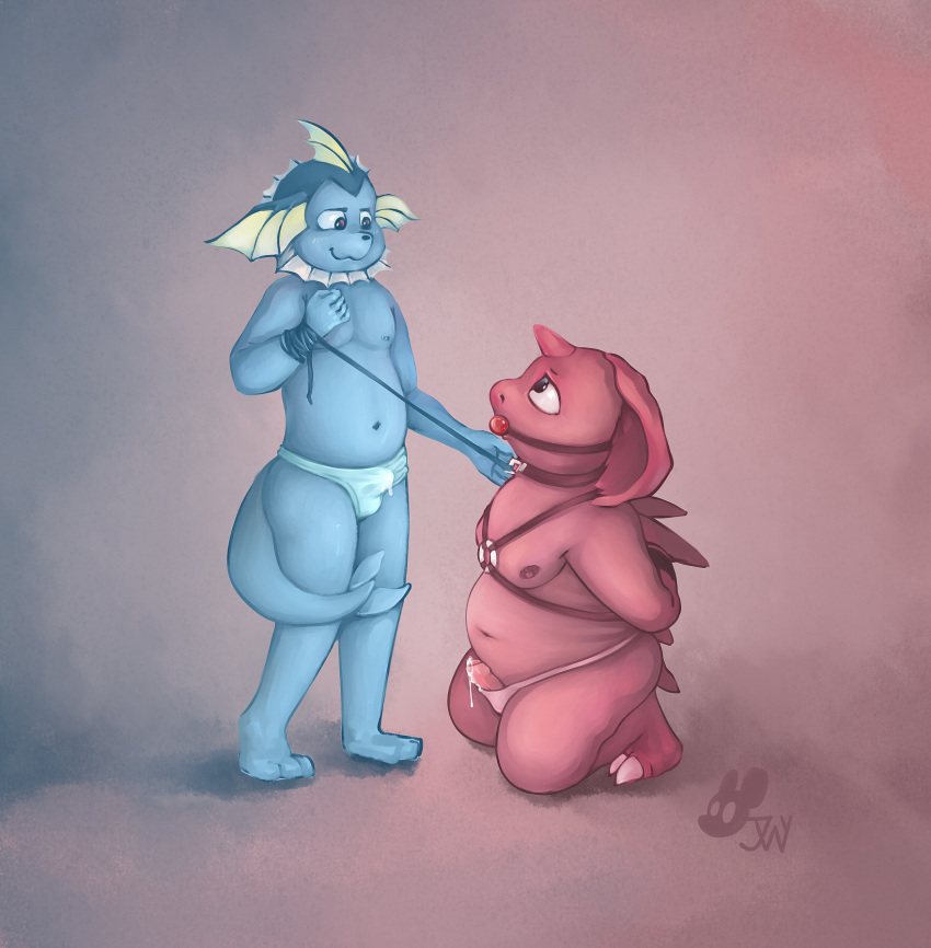 anthro bdsm belly bondage bound collar cum cum_leaking cute digital_media_(artwork) duo eeveelution erection leaking leash male male/male nidoran nintendo overweight penis pok&eacute;mon pok&eacute;mon_(species) precum simple_background slightly_chubby twymouse vaporeon video_games