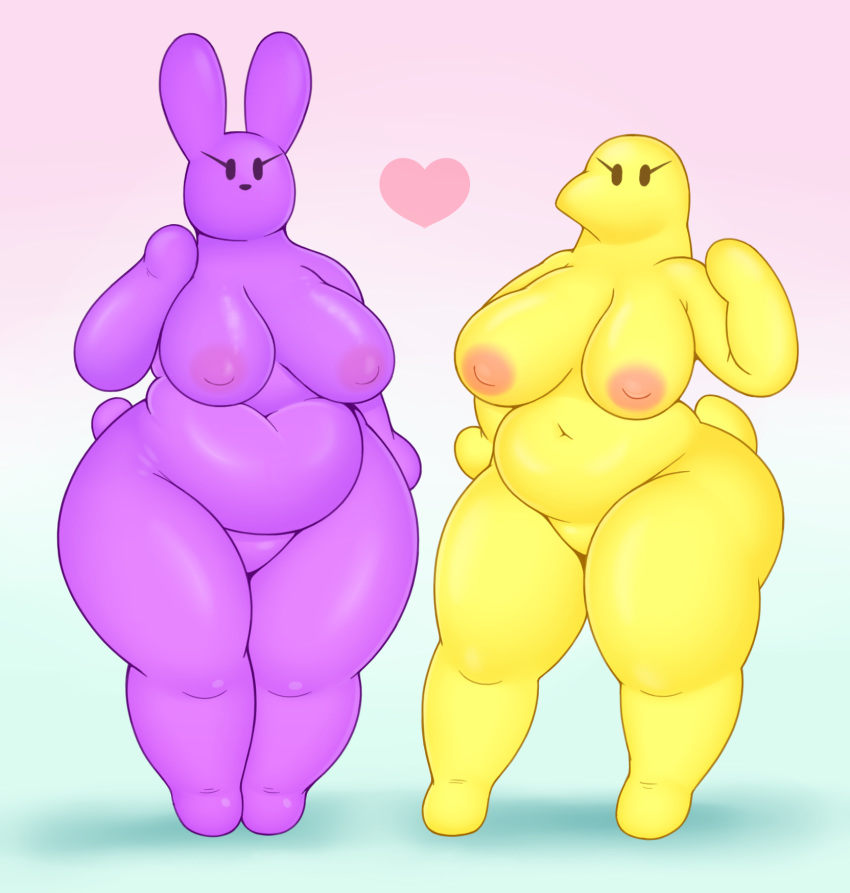 &lt;3 2018 acstlu anthro anthrofied avian belly big_belly big_breasts biped bird breasts candy deep_navel digital_media_(artwork) featureless_crotch female food food_creature hi_res huge_breasts huge_hips huge_thighs lagomorph looking_at_viewer mammal navel overweight peeps rabbit simple_background standing thick_thighs voluptuous white_background wide_hips