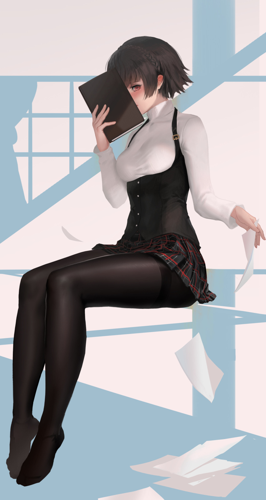 absurdres black_legwear blush book braid breasts brown_eyes brown_hair commentary_request covering_face highres looking_at_viewer medium_breasts niijima_makoto no_shoes pantyhose paper persona persona_5 plaid plaid_skirt short_hair skirt solo youyi_(ww5413203)