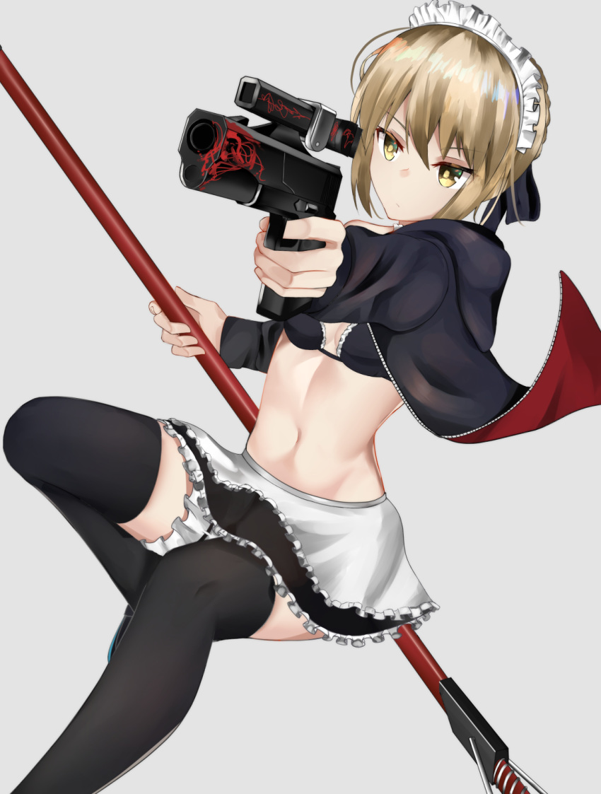 1girl aiming artoria_pendragon_(all) artoria_pendragon_(swimsuit_rider_alter) bangs bikini bikini_top black_bikini black_hoodie black_jacket black_legwear black_ribbon black_skirt black_thighhighs blonde_hair breasts eyebrows_visible_through_hair fate/grand_order fate_(series) female frilled_apron frilled_bikini_top frilled_headdress frilled_skirt frills grey_background gun hair_between_eyes hair_ribbon handgun holding holding_gun holding_pistol holding_spear holding_weapon ikashun jacket leg_garter leg_up long_sleeves maid maid_apron maid_bikini maid_headdress navel one_leg_raised open_clothes open_hoodie open_jacket pistol red_jacket ribbon saber_alter scope short_hair simple_background skirt small_breasts solo spear stomach thighhighs two-tone_jacket waist waist_apron weapon yellow_eyes zettai_ryouiki