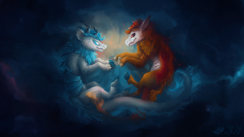 2018 abstract_background cuddling demon digital_media_(artwork) fantasy female feral fur hair hi_res love magic male monster space star tender twymouse