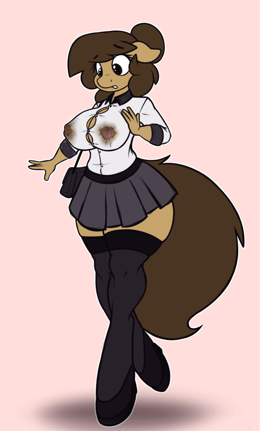 2015 anthro breasts brown_eyes brown_hair clothing digital_media_(artwork) earth_pony equine fan_character female georgia_lockheart hair hi_res horse legwear licking lips mammal my_little_pony nipple_mouth pony purse skirt solo stockings stunnerpony tongue tongue_out what