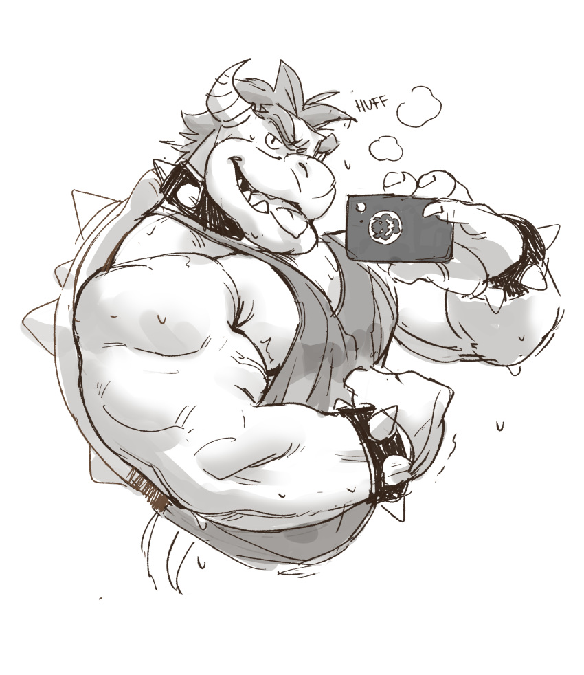 0rang3 2018 4_fingers absurd_res alternate_version_at_source anthro biceps bowser bracelet cellphone clothing flexing greyscale hi_res holding_object holding_phone jewelry koopa looking_at_viewer male mario_bros monochrome muscular muscular_male nintendo onomatopoeia phone scalie selfie shirt simple_background smile solo sound_effects spiked_bracelet spikes tank_top video_games white_background