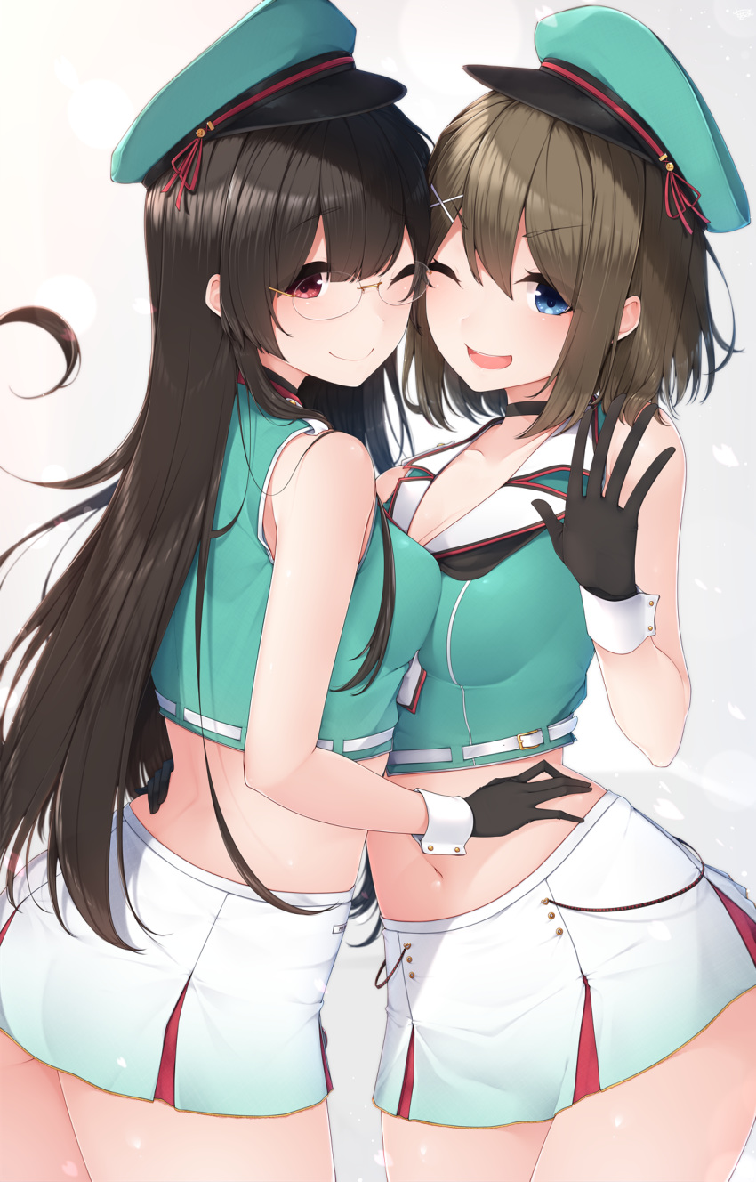 black_gloves black_hair blue_eyes blue_hat blush breast_press breasts brown_hair choukai_(kantai_collection) cleavage collarbone cowboy_shot eyebrows_visible_through_hair glasses gloves hair_between_eyes hair_ornament hairclip hat highres kantai_collection large_breasts long_hair looking_at_viewer maya_(kantai_collection) medium_breasts medium_hair midriff miniskirt multiple_girls one_eye_closed open_mouth peaked_cap red_eyes remodel_(kantai_collection) school_uniform serafuku simple_background skirt smile symmetrical_docking waving white_background white_skirt yukichi_(sukiyaki39)