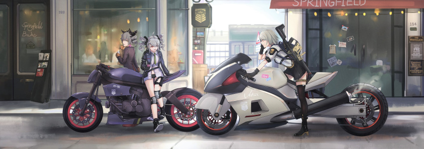 aek-999_(girls_frontline) alternate_costume ammunition_pouch arm_support armband backpack bag bangs belt benghuai_xueyuan black_bow black_footwear black_gloves black_legwear black_ribbon black_skirt blurry boots bow bread breasts bronya_zaychik brown_hair buckle cafe cellphone chalkboard character_name collared_jacket collared_shirt commentary_request day dinergate_(girls_frontline) door drill_hair earrings exhaust eyebrows_visible_through_hair eyes_visible_through_hair food girls_frontline gloves green_neckwear grey_eyes grey_hair grifon&amp;kryuger ground_vehicle gun hair_between_eyes hair_bow hair_ornament hair_ribbon hairclip headphones high_heel_boots high_heels highres holding holding_bag holding_phone jacket jewelry knee_pads kriss_vector leaning_against_motorcycle leg_belt long_hair long_sleeves looking_at_viewer looking_back m1903_springfield_(girls_frontline) menu_board motor_vehicle motorcycle multiple_girls navel necktie on_motorcycle open_clothes open_jacket open_mouth outdoors phone pleated_skirt pouch pp-90_(girls_frontline) red_eyes ribbon road shirt shoes shop shopping_district short_hair short_sleeves shorts silver_hair skirt sling small_breasts smartphone standing stuffed_animal stuffed_toy submachine_gun suppressor sweater talking_on_phone teddy_bear thigh_strap thighhighs thighs twin_drills twintails vector_(girls_frontline) weapon white_hair white_shirt xyufsky yellow_eyes