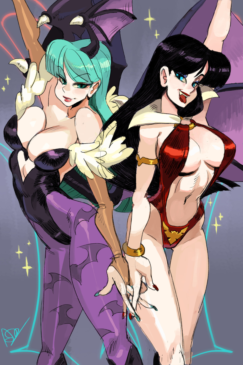 :p alex_ahad animal_print aqua_eyes arm_up armlet bangs bat_print bat_wings black_hair blunt_bangs breasts bridal_gauntlets cleavage cowboy_shot demon_girl duplicate eyebrows_visible_through_hair fang green_hair head_wings heart_cutout highres holding_hands interlocked_fingers large_breasts leotard long_hair looking_at_viewer morrigan_aensland multiple_girls nail_polish navel open_mouth parted_lips print_legwear purple_legwear signature slingshot_swimsuit smile standing succubus swimsuit tongue tongue_out vampire_(game) vampirella vampirella_(character) wings