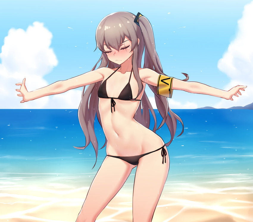 armband bangs beach bikini black_bikini blue_sky breasts brown_hair closed_eyes closed_mouth cloud collared_vest day embarrassed eyebrows_visible_through_hair front-tie_bikini front-tie_top girls_frontline highres legs_apart long_hair narynn navel ocean outdoors outstretched_arms scar scar_across_eye side-tie_bikini side-tie_bottom side_ponytail sky small_breasts solo standing swimsuit ump45_(girls_frontline) very_long_hair water wet