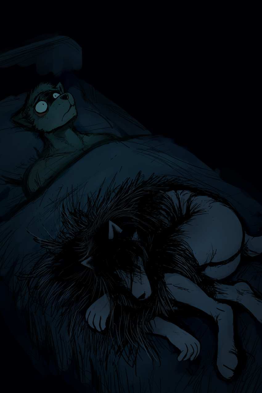 2018 anthro awake bed bedding black_and_blue blanket canine curled_up digital_media_(artwork) dog duo female ghost ghost_pupper hair hladilnik long_hair looking_up lying male mammal nude on_back sleeping spirit wide_eyed