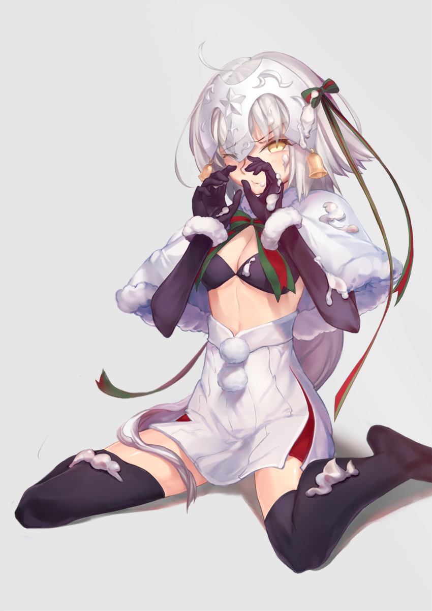 1girl ahoge bell blush breasts elbow_gloves fate/grand_order fate_(series) gloves hair_ribbon hand_over_face headpiece highres icing jeanne_d'arc_(fate)_(all) jeanne_d'arc_alter_santa_lily mao_mao_wansui multicolored multicolored_ribbon neck_ribbon one_eye_closed ribbon sitting small_breasts solo thighhighs wariza white_background white_hair yellow_eyes