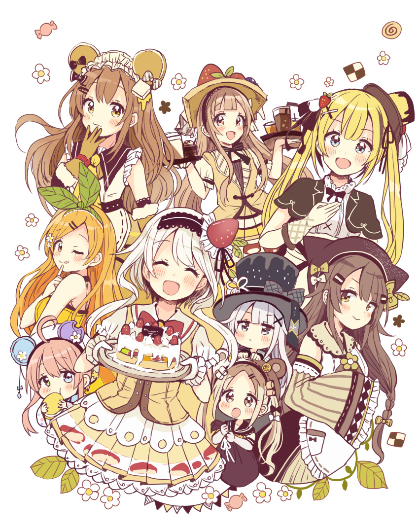 :d :o ;q absurdres ahoge animal_ears apron bangs bear_ears bear_hat black_eyes blonde_hair blue_eyes blunt_bangs blush bow brown_eyes brown_gloves brown_hair cake dress eating flower food food_themed_clothes food_themed_hair_ornament frilled_gloves frills fruit fur-trimmed_gloves fur_trim gloves green_eyes hair_bow hair_ornament hair_ribbon hairband hairpin hand_on_own_chest hand_to_own_mouth hands_on_another's_head hat heterochromia highres holding holding_tray jitome leaf_hair_ornament long_hair looking_at_viewer looking_back macaron maid multiple_girls one_eye_closed open_mouth original pink_hair pudding ribbon sakura_oriko silver_hair sleeves_past_wrists smile strawberry strawberry_hair_ornament tongue tongue_out top_hat tray twintails white_gloves wide_sleeves x_hair_ornament yellow_bow yellow_eyes