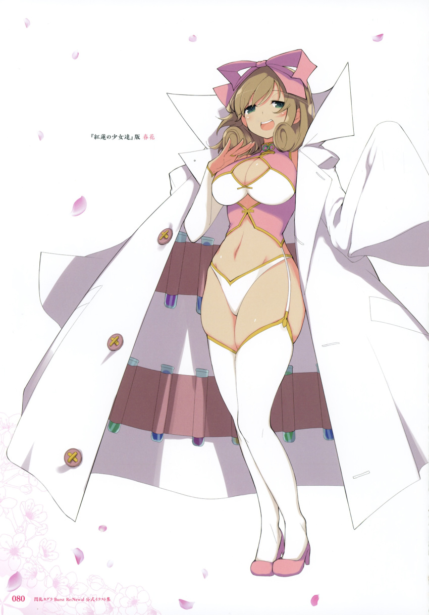 absurdres bangs blonde_hair bow breasts bridal_gauntlets buttons cleavage cleavage_cutout curly_hair flower full_body green_eyes hair_bow haruka_(senran_kagura) high_heels highres jacket_on_shoulders labcoat large_breasts long_sleeves looking_at_viewer midriff navel official_art open_mouth page_number petals scan senran_kagura shiny shiny_skin simple_background smile standing test_tube white_legwear yaegashi_nan