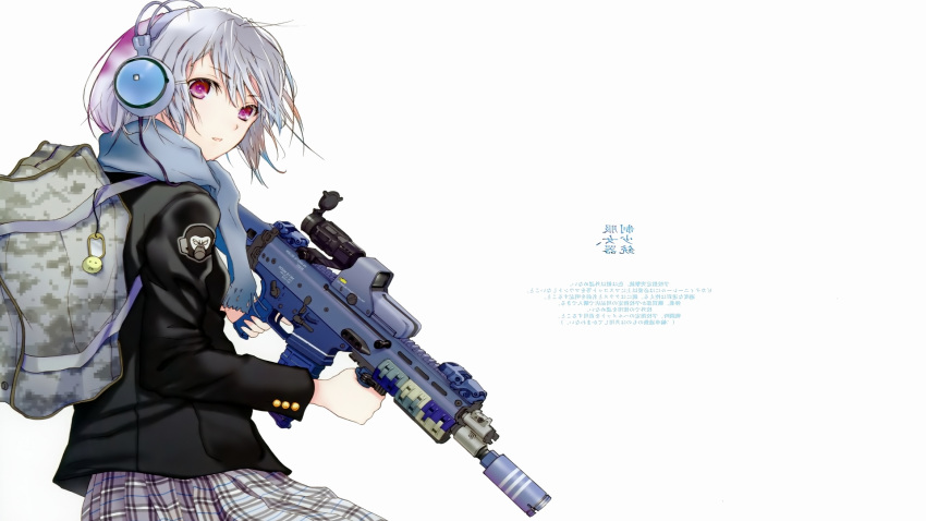 artist_request assault_rifle bag dress eotech fuyuno_haruaki gun highres looking_at_viewer monkey original pink_eyes rifle school_uniform solo source_request weapon white_background white_hair