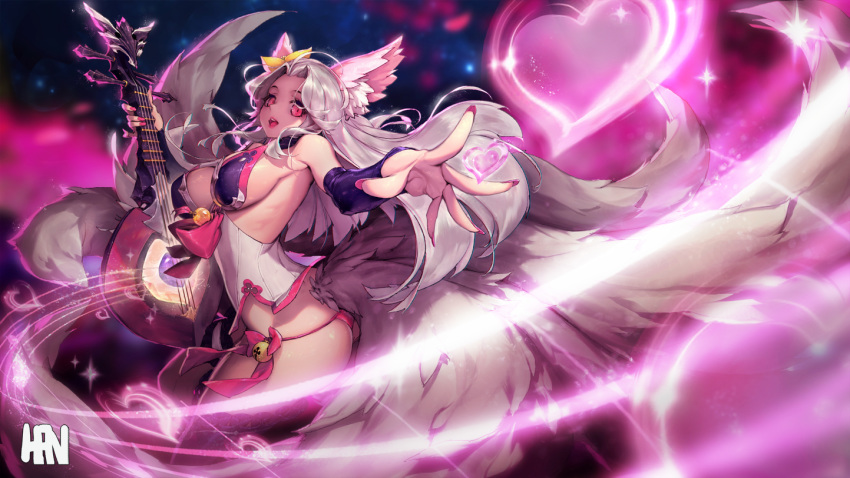 animal_ears ass breasts cleavage detached_sleeves fox_ears fox_tail guitar han-0v0 heart instrument large_breasts lips long_hair looking_at_viewer looking_back multiple_tails nail_polish open_mouth original panties pink_eyes pink_panties reaching_out signature silver_hair solo tail thighhighs underwear