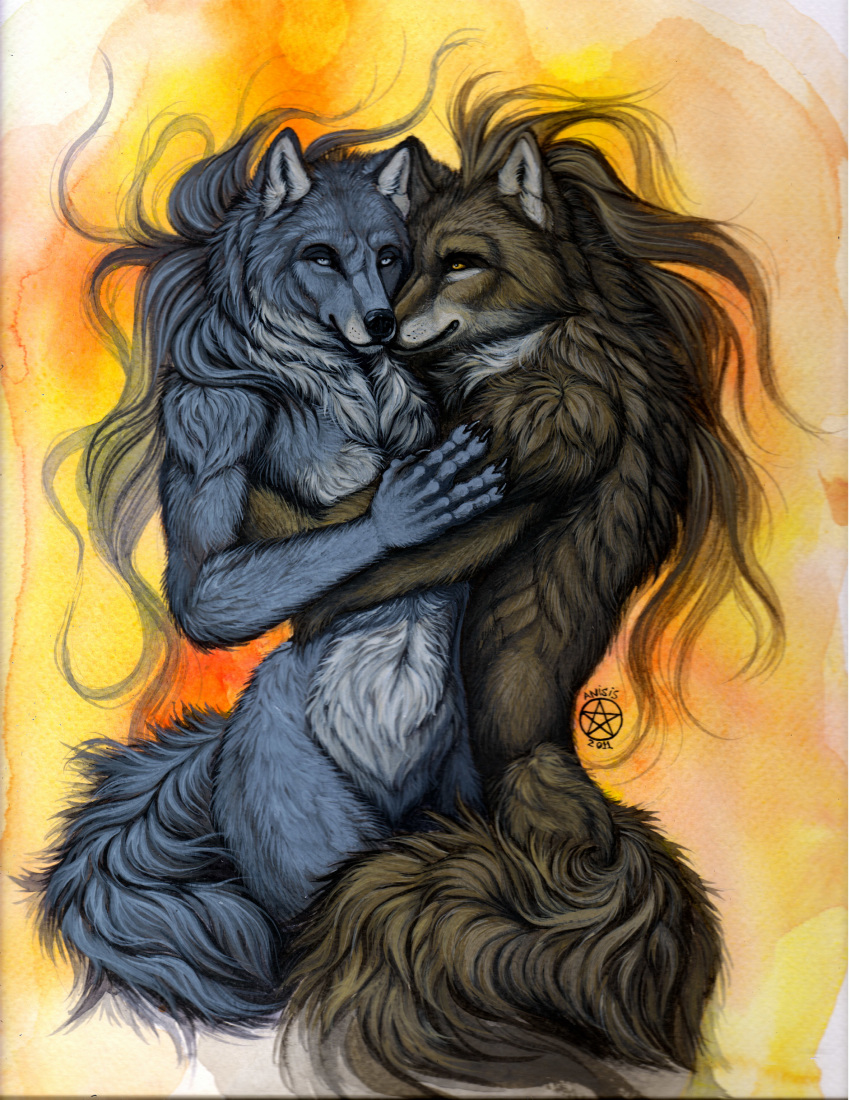 2011 anisis anthro blue_eyes breasts canine duo female fluffy hi_res hug looking_at_viewer lying male mammal navel romantic_couple wolf