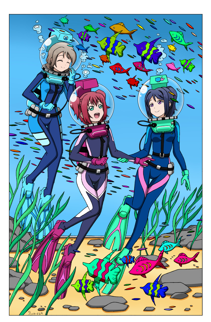 absurdres belt blue_hair bodysuit bubble closed_eyes diving diving_helmet diving_suit fish flippers gloves green_eyes helmet highres kurosawa_ruby lama_(helmet) love_live! love_live!_sunshine!! matsuura_kanan multiple_girls ocean open_mouth ponytail purple_eyes red_hair rock scuba scuba_tank seaweed shoxxe smile underwater watanabe_you water wetsuit