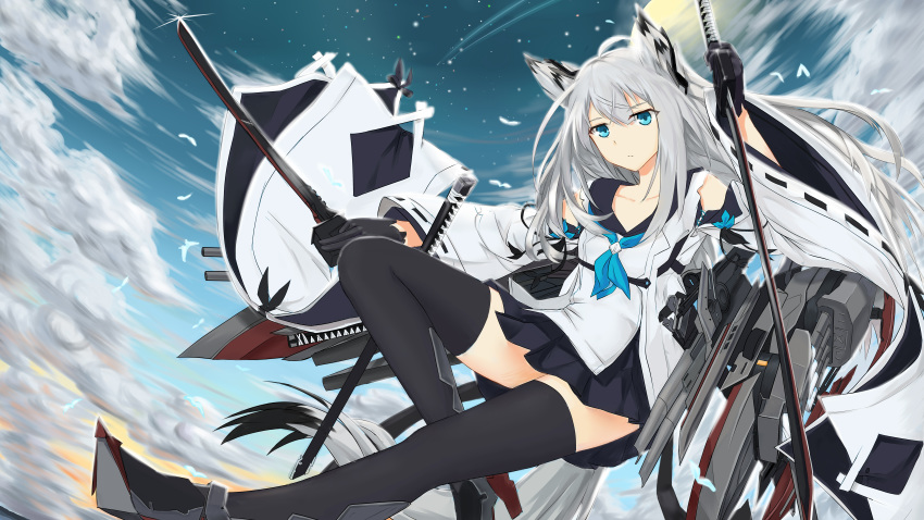 absurdres along animal_ears azur_lane bangs bird black_gloves black_hair black_legwear black_sailor_collar black_skirt blue_eyes blue_neckwear blue_sky breasts cannon chinese_commentary cloud collarbone commentary_request dual_wielding eyebrows_visible_through_hair eyes_visible_through_hair fox_ears gloves hair_between_eyes high_heels highres holding holding_sword holding_weapon kawakaze_(azur_lane) light_particles long_hair machinery md5_mismatch multicolored_hair neckerchief pleated_skirt rigging rudder_shoes sailor_collar shirt shoulder_cutout silver_hair skirt sky small_breasts solo sword thighhighs torpedo_launcher weapon white_shirt wide_sleeves