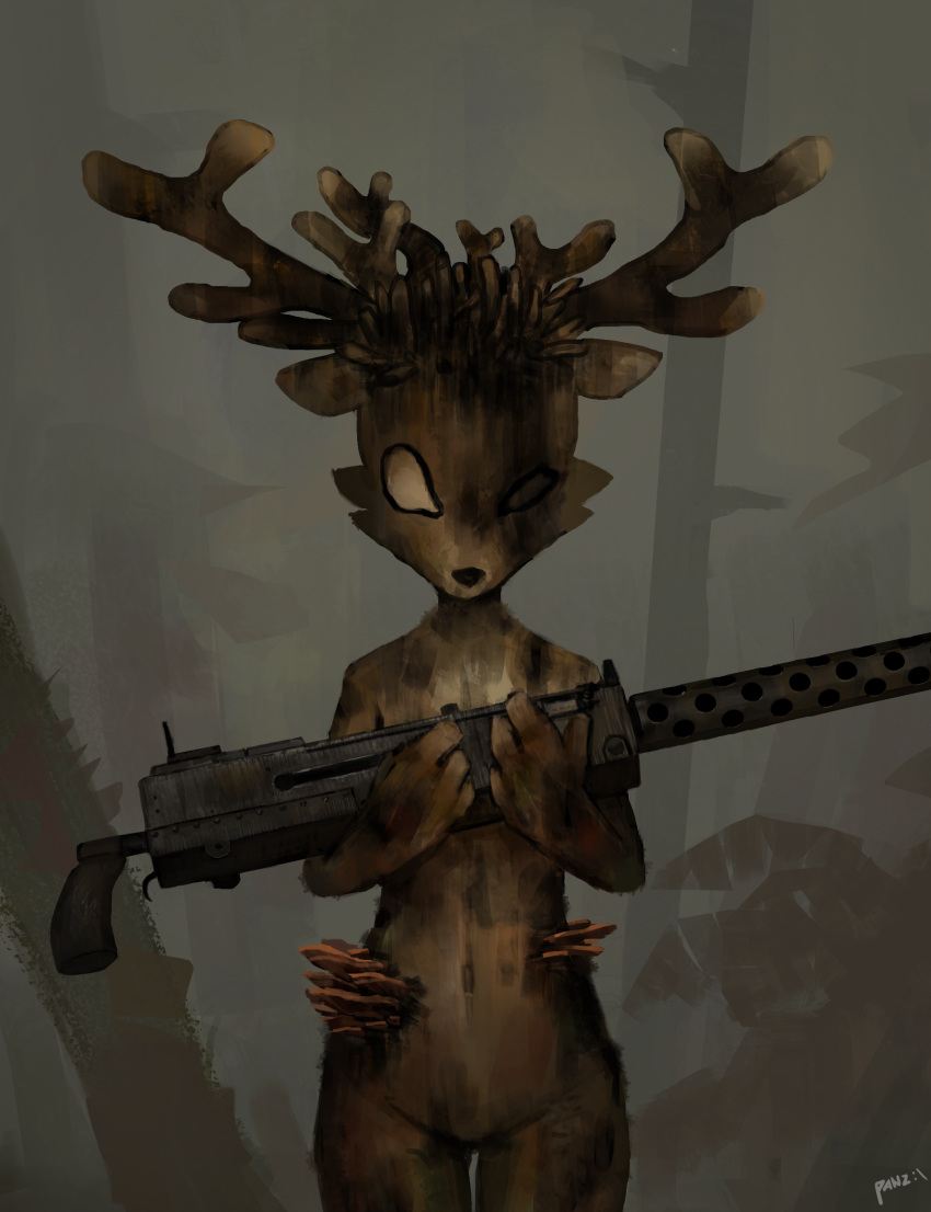 2018 ambiguous_gender anthro antlers cervine cheek_tuft dirty featureless_crotch forest fungus gun holding_object holding_weapon horn looking_at_viewer machine_gun mammal multi_horn navel nude outside panzery25 ranged_weapon signature solo standing tree tuft weapon