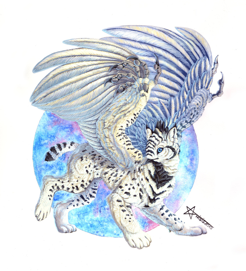 ambiguous_gender anisis avian beak black_beak blue_eyes feathered_wings feathers feral gryphon paws solo standing traditional_media_(artwork) wings young