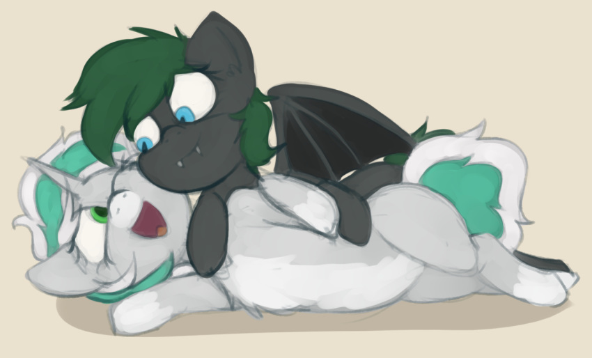 bat_pony bat_wings cuddling duo equine eye_contact fan_character fangs female horse lying mammal marsminer membranous_wings minty_spots my_little_pony nude pony simple_background tan_background wings