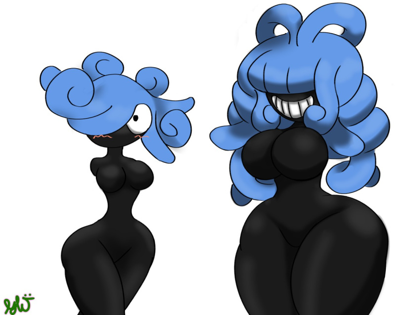 anthro anthrofied armless big_breasts black_skin blue_hair blush breasts duo female gloryworm grin hair jaranra monja nintendo pok&eacute;mon pok&eacute;mon_gold_beta simple_background smile thick_thighs video_games white_background wide_hips