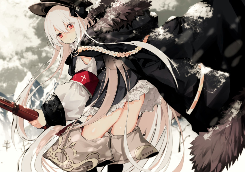 1girl aiguillette bangs black_hat black_jacket bolt_action closed_mouth commentary_request cowboy_shot dress fur_collar girls_frontline grey_dress gun hair_between_eyes hat highres holding holding_gun holding_weapon jacket jacket_on_shoulders kar98k_(girls_frontline) long_hair long_sleeves looking_at_viewer looking_back mauser_98 military military_uniform naruwe open_clothes open_jacket peaked_cap puffy_sleeves red_eyes rifle sniper_rifle solo thighhighs thighs uniform very_long_hair weapon white_hair