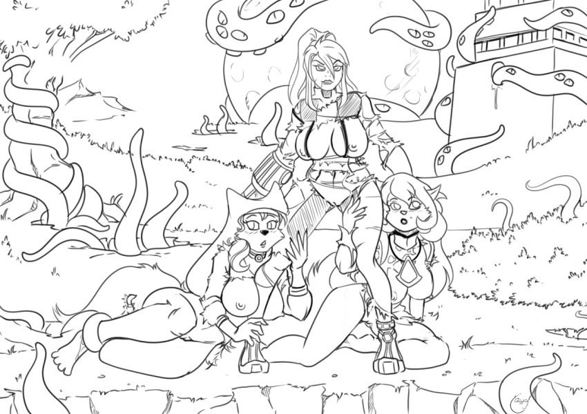 2018 anthro big_breasts black_and_white boots breasts canine cat cleavage clothed clothing collar crossover disney feline female footwear fox group hair headdress human jewelry leg_grab long_hair maid_marian mammal metroid monochrome mostly_nude necklace nintendo nipple_bulge nipples outside pussy queen_callista robin_hood_(disney) samus_aran standing swat_kats tentacles torn_clothing video_games yawg