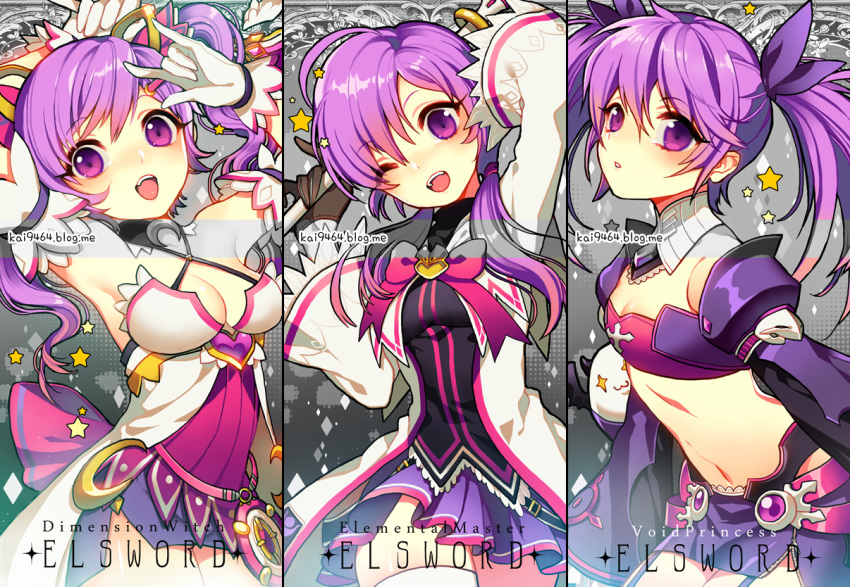 :d aisha_(elsword) angkor_(elsword) arm_up armpits arms_up bangs bare_shoulders black_gloves black_shirt blush breasts character_name cleavage column_lineup cowboy_shot crescent crescent_moon_pin criss-cross_halter crop_top dimension_witch_(elsword) dress elemental_master_(elsword) elsword garter_straps gloves hair_ornament hair_ribbon halterneck holding holding_staff jacket long_hair long_sleeves looking_at_viewer magical_girl medium_breasts midriff miniskirt multiple_persona navel one_eye_closed open_mouth parted_lips pencil_skirt pika_(kai9464) pink_ribbon pleated_skirt portrait purple_eyes purple_hair purple_ribbon purple_skirt purple_sleeves ribbon shirt short_hair sidelocks skirt small_breasts smile staff star teeth thighhighs twintails void_princess_(elsword) white_dress white_gloves white_jacket white_legwear wide_sleeves zettai_ryouiki