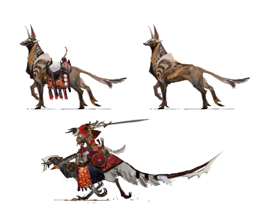 ambiguous_gender armor arrow avian beak bow_(weapon) charr concept_art feline guild_wars helmet horn mammal melee_weapon official_art ranged_weapon riding saddle shield simple_background sitting sword unknown_species video_games weapon white_background zhengyi_wang