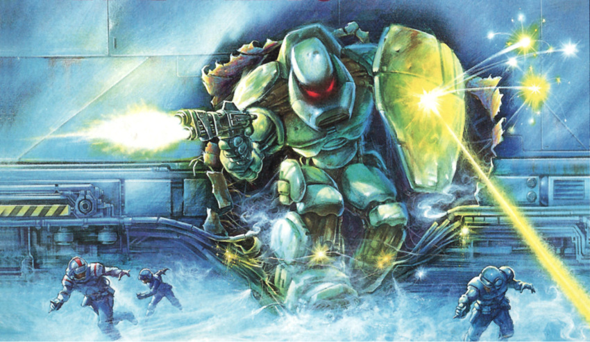 aiming armor assault_suits_series assault_suits_valken attack battle beam_rifle body_armor box_art cable cropped damaged deflect dirty electricity energy_beam energy_gun firing fog gloves glowing glowing_eyes helmet hole machinery mecha military military_uniform official_art promotional_art realistic red_eyes running scan scared science_fiction shield sign smoke soldier spacecraft_interior sparks surprised tom_dubois traditional_media uniform valken warning_sign weapon
