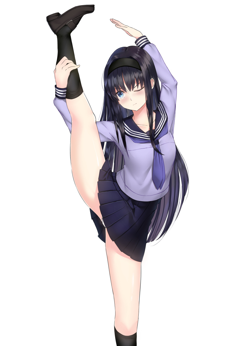 absurdres arms_up black_hair blue_eyes blush collarbone frown hairband highres i.f.s.f kneehighs leg_lift loafers long_hair neckerchief one_eye_closed panties pantyshot pantyshot_(standing) pleated_skirt school_uniform serafuku shiny shiny_skin shoes sidelocks simple_background skirt solo split spread_legs standing standing_on_one_leg standing_split toono_akiha tsukihime underwear very_long_hair