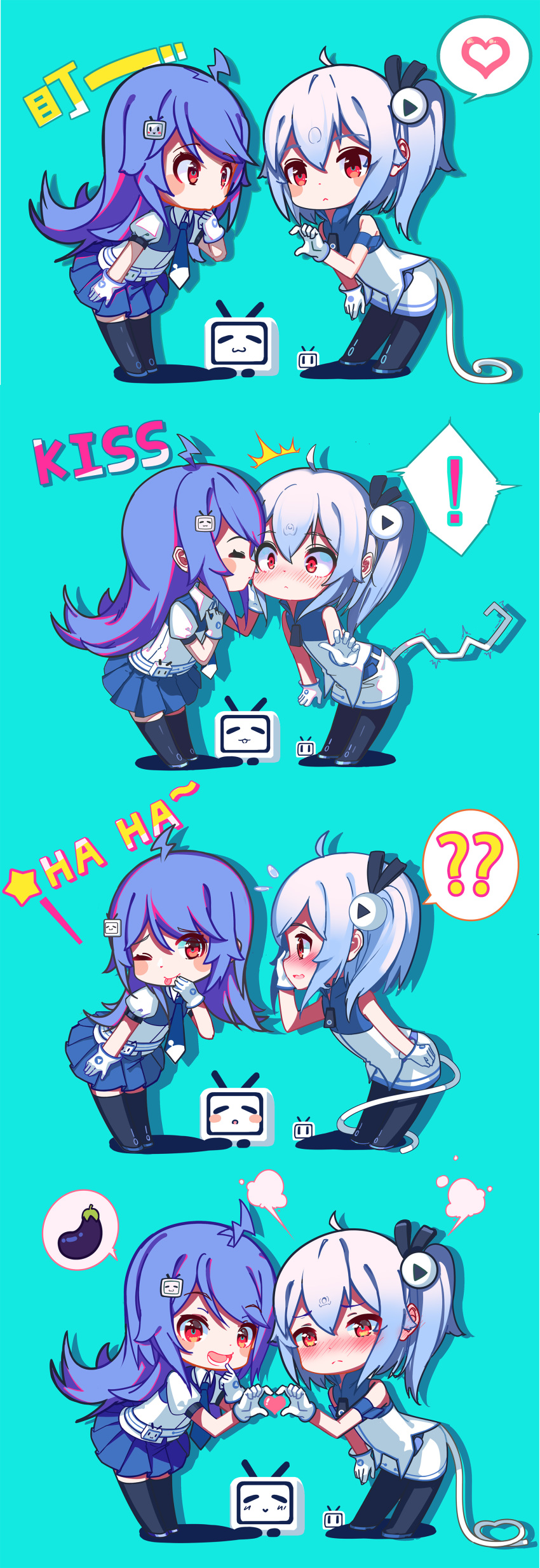 2girls :&lt; ? absurdres bbsucg belt bili_girl_22 bili_girl_33 bilibili_douga black_legwear blue_hair blue_neckwear blue_skirt blush chibi closed_eyes closed_mouth collared_shirt constricted_pupils eggplant eyebrows_visible_through_hair facing_another gloves hair_ornament heart heart_hands heart_hands_duo highres kiss long_hair multiple_girls necktie one_eye_closed open_mouth pantyhose parted_lips play_button red_eyes shirt short_hair short_ponytail side_ponytail skirt smile speech_bubble spoken_exclamation_mark spoken_heart spoken_question_mark tail thighhighs tongue tongue_out white_gloves white_skirt yuri