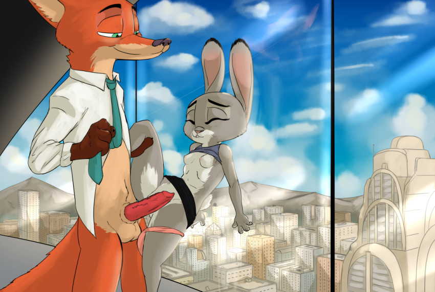 2018 against_window akiric animal_genitalia animal_penis anthro balls biting_lip bottomless breasts canine canine_penis city cityscape clothed clothing dipstick_ears disney duo erection female fox gloves_(marking) green_eyes half-closed_eyes imminent_sex inside judy_hopps lagomorph male male/female mammal markings necktie nick_wilde nipples open_shirt panties panties_around_one_leg penis rabbit raised_shirt raised_skirt small_breasts smile standing thigh_grab underwear underwear_around_one_leg window zootopia