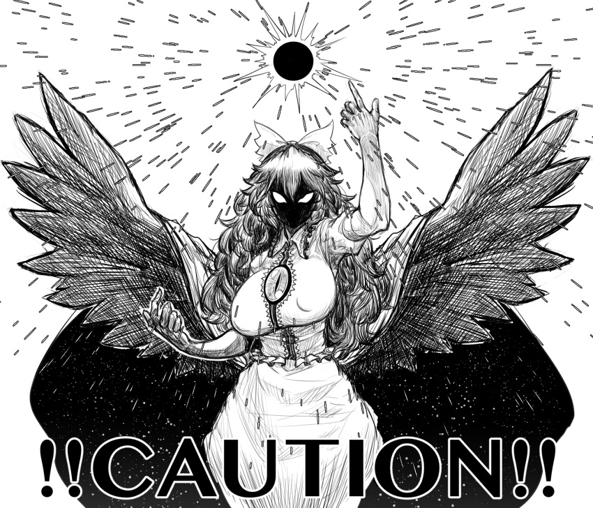 1girl arm_up bare_arms bird_wings blank_eyes bow breasts cape caution collared_shirt covered_nipples cowboy_shot energy faceless frilled_shirt frills greyscale hair_between_eyes hair_bow hand_up highres impossible_clothes impossible_shirt index_finger_raised large_breasts long_hair looking_at_viewer monochrome parallax05 reiuji_utsuho shirt short_sleeves skirt slit_pupils solo spread_wings starry_sky_print third_eye touhou v-shaped_eyes wings