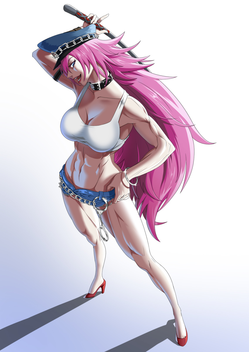 abs big_hair blue_shorts cuffs cutoffs denim denim_shorts final_fight half-pencil handcuffs large_breasts muscular_female peaked_cap pink_hair poison_(final_fight) riding_crop short_shorts shorts street_fighter tank_top very_long_hair