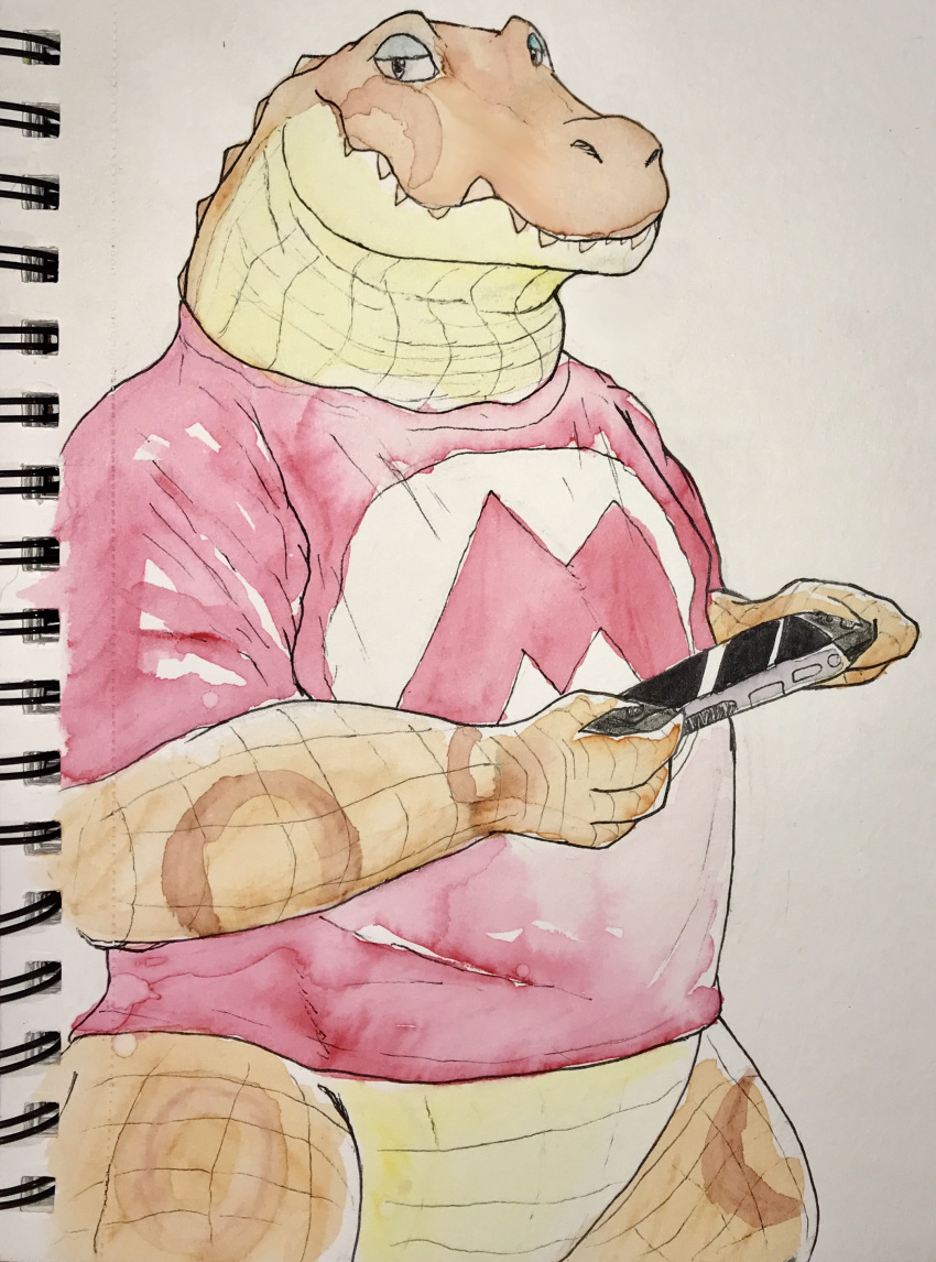 2017 4_fingers alfonso_(animal_crossing) animal_crossing anthro belly_scales biped bottomless brown_scales brown_spots clothed clothing countershade_face countershade_torso countershading crocodile crocodilian fangs half-closed_eyes half-length_portrait hi_res holding_object looking_at_viewer male mixed_media multicolored_scales nintendo nintendo_switch overweight overweight_male pen_(artwork) portrait red_clothing red_topwear reptile scales scalie shirt simple_background smile snout solo spikes spots spotted_scales standing tan_scales traditional_media_(artwork) two_tone_scales unclear_asdf video_games watercolor_(artwork) white_background