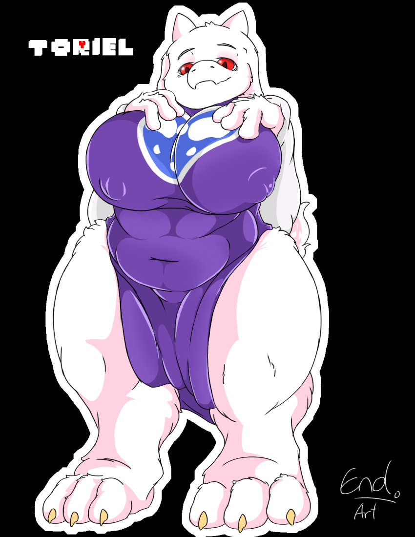 albino barefoot big_breasts black_background boss_monster breasts caprine clothing enduranthill female fur goat mammal nipple_bulge nipples overweight red_eyes simple_background slightly_chubby thick_thighs tight_clothing toriel undertale video_games white_fur