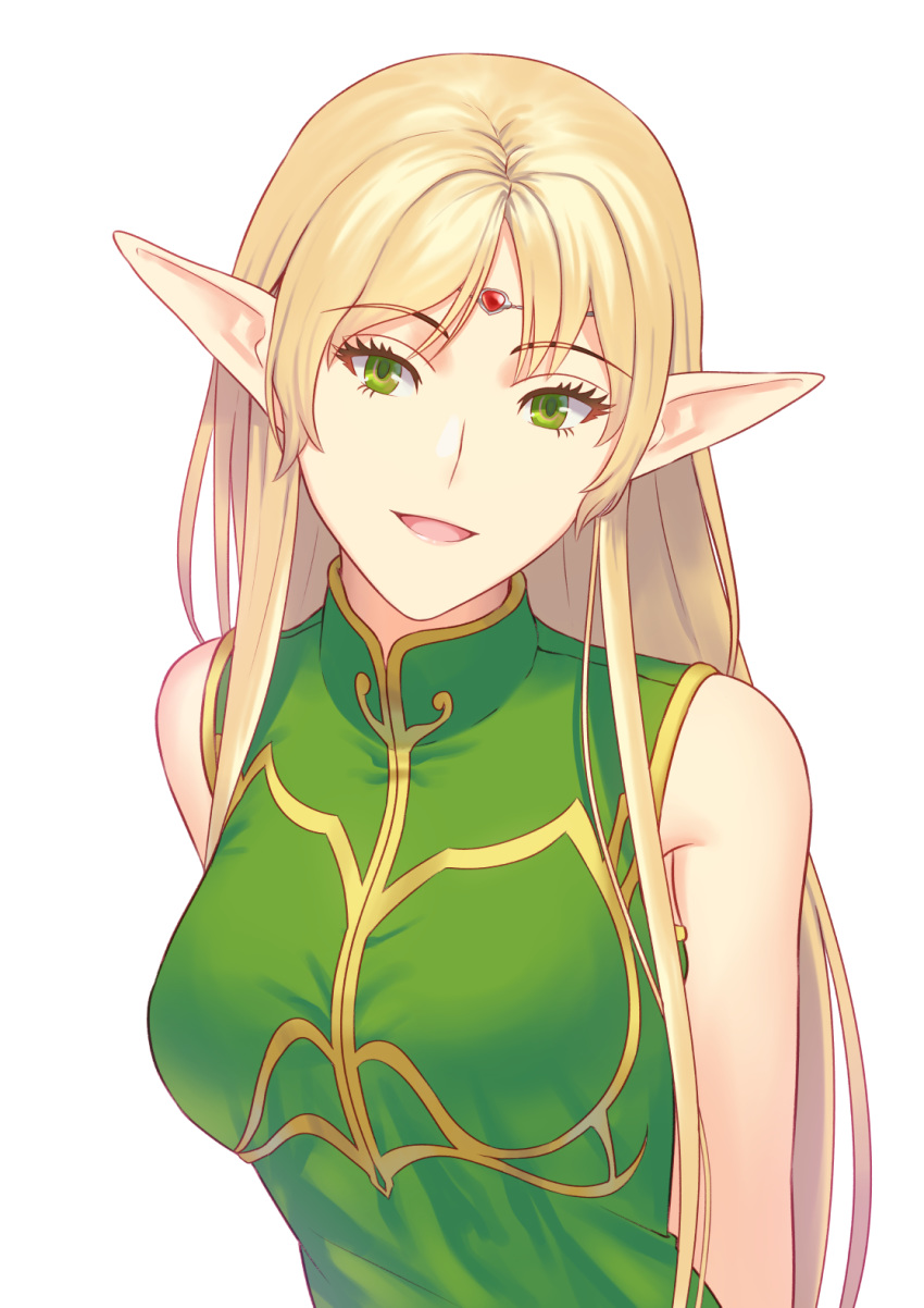 :d arms_behind_back bangs blonde_hair breasts deedlit elf eyebrows_visible_through_hair fateline_alpha green_eyes head_tilt highres jewelry long_hair looking_at_viewer medium_breasts open_mouth pointy_ears record_of_lodoss_war shirt simple_background smile solo upper_body very_long_hair white_background