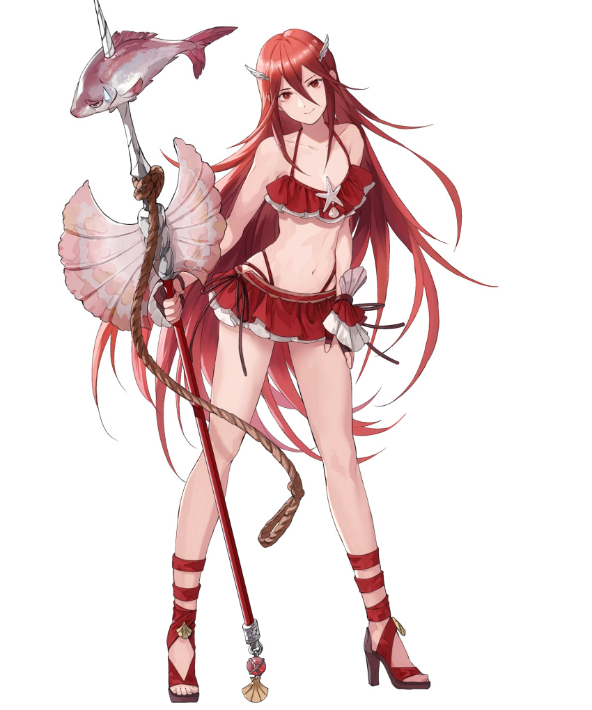 bare_shoulders bikini bikini_skirt closed_mouth collarbone fingerless_gloves fingernails fire_emblem fire_emblem:_kakusei fire_emblem_heroes fish full_body gloves hair_ornament halterneck head_tilt highres holding holding_weapon long_hair looking_at_viewer mayo_(becky2006) navel non-web_source official_art open_toe_shoes polearm red_eyes red_hair rope shiny shiny_hair sidelocks smile solo spear standing starfish swimsuit tiamo transparent_background very_long_hair weapon