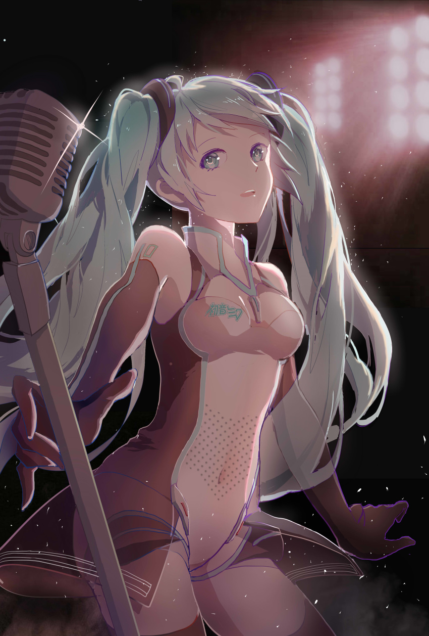 absurdres aqua_eyes bangs black_gloves black_legwear breasts covered_navel cowboy_shot dust_particles elbow_gloves gloves goodsmile_racing green_hair hatsune_miku head_tilt highres indoors leotard long_hair looking_at_viewer medium_breasts microphone microphone_stand open_mouth racing_miku racing_miku_(2011) see-through shiny shiny_clothes shure_55sh small_breasts solo sparkle standing swept_bangs thighhighs twintails very_long_hair vocaloid white_leotard yukiko_(snow_boy)