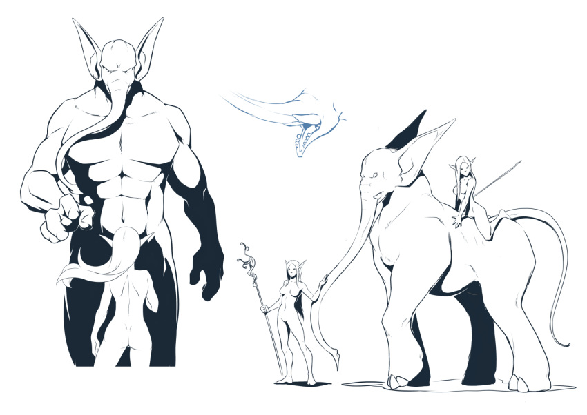 2017 anthro big_ears breasts doomghost elephant elf female feral hair humanoid long_hair male mammal muscular muscular_male nude riding size_difference staff