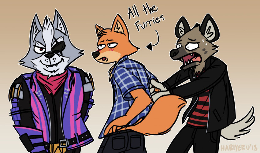 aggressive_retsuko anthro blush canine clothed clothing distracted fox fully_clothed habiyeru haida hyena male male/male mammal meme nintendo star_fox video_games wolf wolf_o'donnell