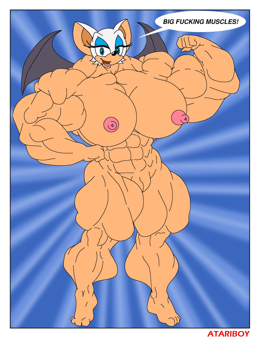 abs anthro atariboy biceps big_breasts big_muscles breasts female fist flexing happy hyper hyper_muscles looking_at_viewer muscles muscular_female navel nipples nude open_mouth pose pussy rouge_the_bat sega solo sonic_(series) sonic_team wings