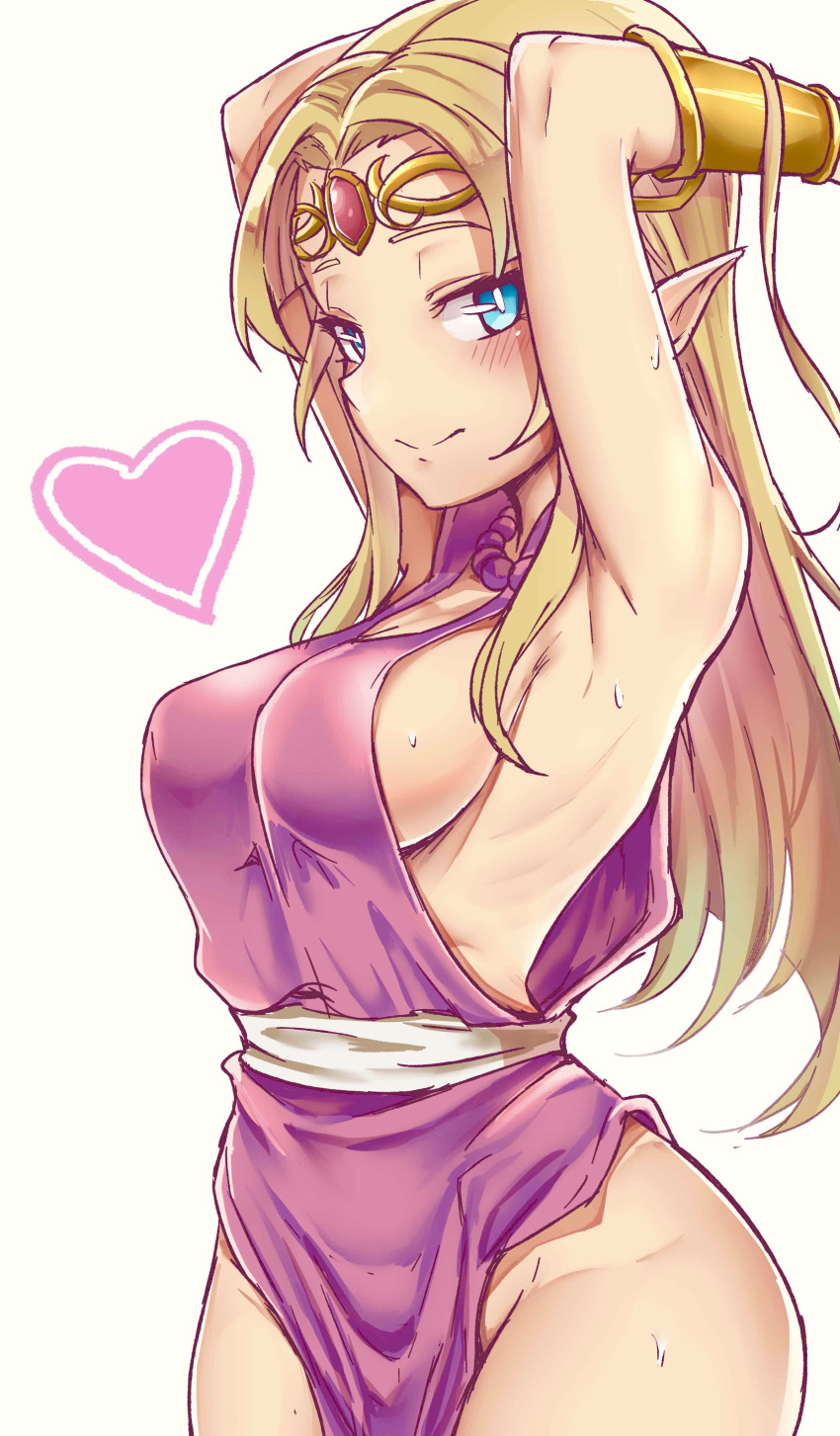 1girl absurdres armpits arms_up bare_shoulders bead_necklace beads blonde_hair blue_eyes blush bracer breasts bright_pupils cleavage closed_mouth cowboy_shot gem groin hair_intakes hair_lift heart highres jewelry long_hair looking_at_viewer medium_breasts necklace nintendo no_bra no_panties pointy_ears princess princess_zelda sideboob simple_background smile solo straight_hair sweat the_legend_of_zelda the_legend_of_zelda:_a_link_between_worlds tiara togin white_background white_pupils