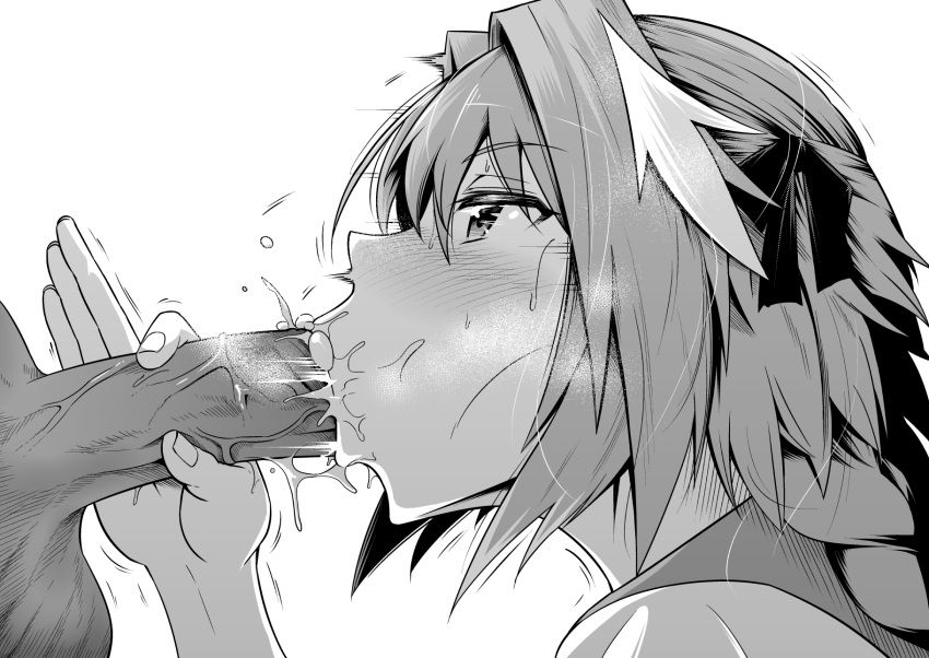 :&gt;= astolfo_(fate) blush braid cum cum_bubble cum_in_mouth erection fate/apocrypha fate/grand_order fate_(series) fellatio from_side greyscale hair_ribbon handjob heavy_breathing highres monochrome multiple_boys oral otoko_no_ko penis piku0piku ribbon simple_background sweatdrop testicles textless uncensored veins veiny_penis white_background yaoi