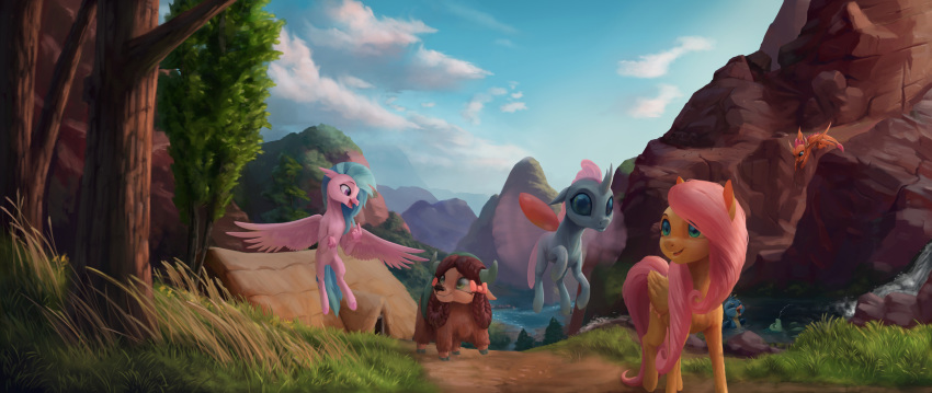 2018 absurd_res ambiguous_gender avian beak bovine cloud detailed_background digital_media_(artwork) dragon equine feathered_wings feathers female feral fluttershy_(mlp) friendship_is_magic gallus_(mlp) grass group hair hi_res hippogryph long_hair mammal mountain my_little_pony ocellus_(mlp) open_beak open_mouth outside partially_submerged pegasus silverstream_(mlp) smolder_(mlp) starblaze25 tree water wings yak yona_(mlp)