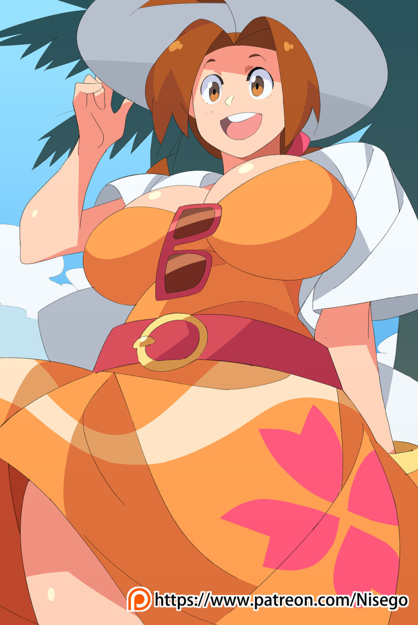 1girl ahoge anime beach belt breasts brown_eyes brown_hair cleavage comic draw drawing dress fanart fungirl glasses hanako_(pokemon) happy hat highres large_breasts nisego niseworks open_mouth orange_dress pokemon sky smile solo standing sun sunglasses sunny tree