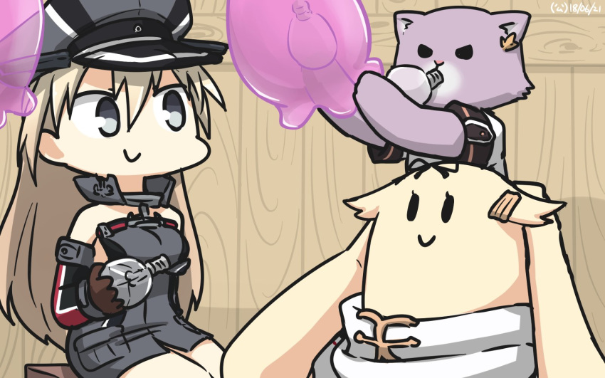 anchor_hair_ornament balloon bismarck_(kantai_collection) black_serafuku blonde_hair blue_eyes breastplate brown_gloves cat commentary_request detached_sleeves gloves grey_legwear hair_flaps hair_ornament hamu_koutarou hat highres iron_cross kantai_collection long_hair majo_no_takkyuubin military military_hat military_uniform peaked_cap remodel_(kantai_collection) scarf school_uniform serafuku tama_(kantai_collection) the_yuudachi-like_creature uniform white_scarf yuudachi_(kantai_collection)