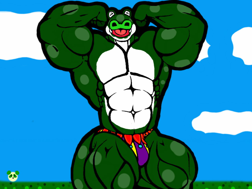 2017 abs alligator animal_crossing anthro anthrofied biceps big_muscles biped boots_(animal_crossing) bulge clothing cloud countershade_face countershade_torso countershading crocodilian digital_drawing_(artwork) digital_media_(artwork) eyes_closed fangs flexing front_view grass green_body green_spots half-length_portrait male muscular muscular_male nintendo open_mouth open_smile pearypanda pecs portrait quads raised_arm reptile scalie sky smile solo spots spotted_body standing thong two_tone_body video_games white_body white_countershading