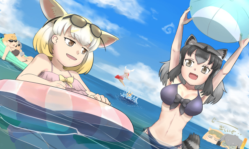 :3 afloat animal_ears armpits arms_up ball bangs bare_arms bare_legs bare_shoulders barefoot beachball bikini bird_tail black_bow black_hair blonde_hair blue_sky blush_stickers bow bow_bikini breasts brown_bikini brown_eyes cloud commentary common_raccoon_(kemono_friends) day diving_mask diving_mask_on_eyes dutch_angle extra_ears eyebrows_visible_through_hair eyewear_on_head fang fennec_(kemono_friends) fox_ears goggles goggles_on_head green_hair grey_bikini hand_rest head_wings holding holding_ball inflatable_raft innertube jaguar_(kemono_friends) jaguar_ears japanese_crested_ibis_(kemono_friends) japari_symbol john_(a2556349) kemono_friends light_brown_hair looking_at_another medium_breasts medium_hair multicolored_hair multiple_girls navel ocean one-piece_swimsuit open_mouth otter_ears outdoors outstretched_arms partially_submerged pink_bikini purple_bikini raccoon_ears raccoon_tail red_hair red_swimsuit serval_(kemono_friends) serval_tail shoebill_(kemono_friends) short_hair side-tie_bikini side-tie_bottom sky small-clawed_otter_(kemono_friends) smile snorkel snorkel_in_mouth splashing staring stomach striped_tail sunglasses swimming swimsuit tail tibetan_sand_fox_(kemono_friends) tied_hair two_side_up water wet wet_hair white_hair yellow_bow